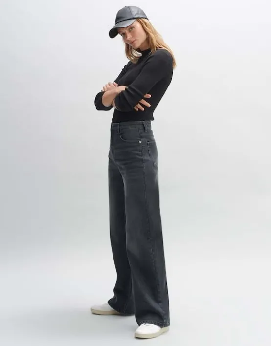 Discount OPUS Fashion Wide Leg Jeans Mivy Grey High Rise Aus Stretchigem Baumwoll Mix